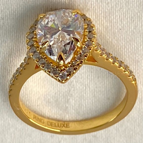 925 Ring Delux Gold Tone Pear Shape Stone Tiny Rhinestone Trim - Picture 4 of 6